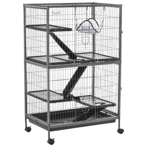 PawHut Jaula Grande para Roedores 80x52x128 cm Casa de 4 Alturas con Rampas Hamaca Colgante Bandeja Extraíble Ruedas Puertas Gris Plateado