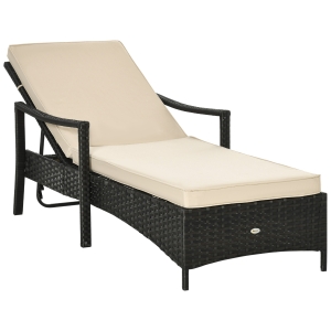 Outsunny Tumbona de Ratán de Jardín Chaise Longue con Respaldo Ajustable en 4 Posiciones Cojines Acolchados y Desenfundables para Terraza Patio Exterior 192x62,5x58-95 cm Marrón y Beige
