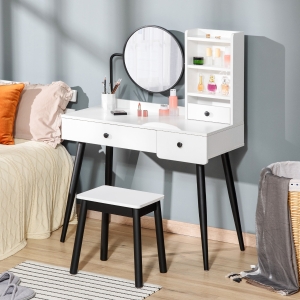 HOMCOM Dressing Table Set with Mirror and Stool, Vanity Makeup Table with 3 Drawers and Open Shelves for Bedroom, Living Room, White