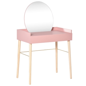 HOMCOM Tocador Mesa de Maquillaje con Espejo Redondo Cajón y Patas de Madera Maciza Estilo Infantil Moderno Nórdico para Dormitorio Vestidor 76x48x123,5 cm Rosa