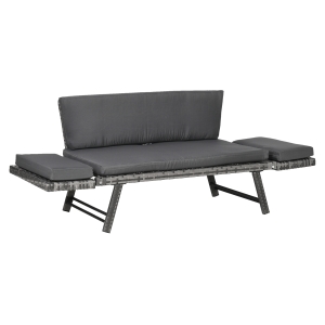 Outsunny Sofá de Ratán de 2 Plazas Convertible en Cama Individual con Reposabrazos Abatibles y Cojines Acolchados Sofá Doble para Jardín Patio Terraza 129x63x67 cm Gris