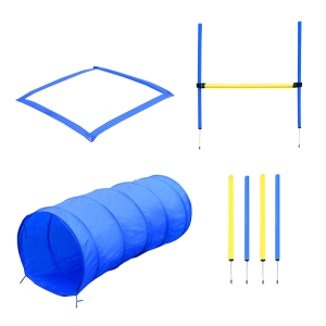 PawHut Honden behendigheidsset training slalom tunnel horde incl. draagtas oefening blauw / geel