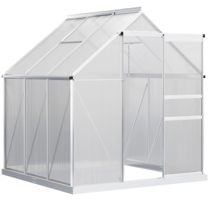 Outsunny Serre de jardin en polycarbonate 3,6 m² dim. 1,9L x 1,9l x 2 m avec fondation, lucarne réglable, porte coulissante - argent et transparent