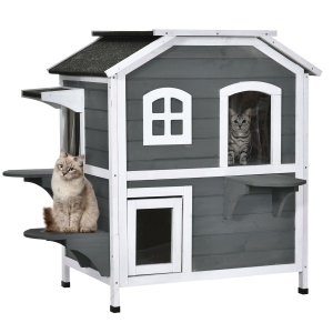 PawHut kattenhuis voor buiten kattenhut met 2 verdiepingen kattenvilla, asfaltdak, massief hout grijs