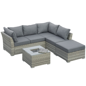 Outsunny 5-Seater Patio PE Rattan Sofa Set, Outdoor Wicker Sectional Conversation Aluminum Frame Furniture Set w/ Padded Cushion, Tea Table with Ice Bucket, Light Grey