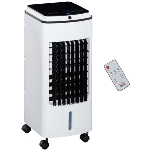 HOMCOM Ar Condicionado com Rodas Ventoinha Humidificador com Depósito de 4L Controle Remoto 3 Modos 3 Velocidades Temporizador 7,5h e Tela LED Tátil 24,5x28x59cm Branco