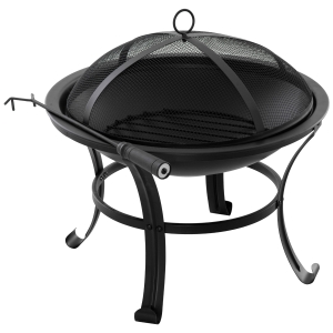 Outsunny Braseiro Exterior de Metal Ø56 cm Braseiro de Jardim com Tampa Protetora contra Chispas e Atiçador para Fogueiras Lenhas Terraço Jardim Acampamento Preto