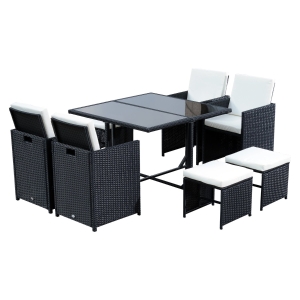 Outsunny Conjunto de Muebles de Jardín Comedor 9 Piezas de Ratán Apilables con Cojines para Terraza 1 Mesa 4 Sillas y 4 Taburetes de Exterior Elegante Negro