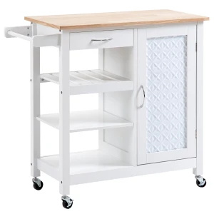 HOMCOM Kitchen Cart on Wheels with Embossed Door Panel, Utility Kitchen Island with Storage Drawer, White