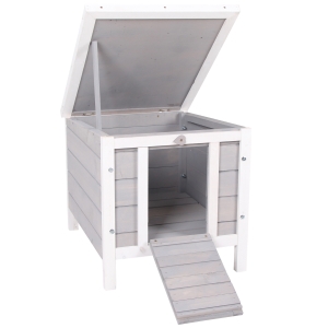 PawHut Conejera de Madera Exterior Jaula Caseta para Roedores Mascotas Pequeñas con Techo Asfáltico Abatible y Rampa Antideslizante 42x51x43 cm Gris
