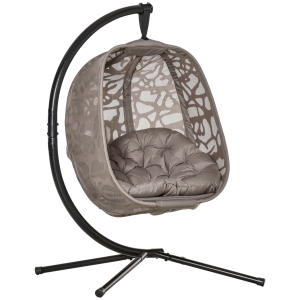 Outsunny Silla Colgante con Soporte de Acero Sillón Colgante Hamaca con Cesta Plegable y Cojines para Interiores y Exterior 126x96x172 cm Marrón