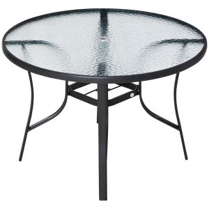 Outsunny Mesa de Cristal de Jardín con Agujero para Sombrilla Mesa para Comer Redonda con Marco de Acero para Exterior Terraza Balcón Ø106,5x71 cm Negro