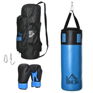 HOMCOM Saco de Boxeo Profesional Punching Bag con Guantes de 8 oz Gancho y Bolsa de Almacenaje Saco de Arena de Entrenamiento para Adultos y Adolescentes Ø25x102 cm Azul