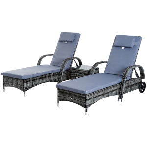Outsunny Set de 2 Tumbonas Chaise Longue + 1 Mesa de Ratan para Jardín o Terraza Sillas con Cojín y Respaldo Ajustable a 5 Niveles (Gris)
