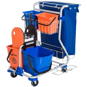 HOMCOM Carro de Limpieza Profesional con Doble Cubo Extraíble de 18 Litros Escurridor de Prensa 2 Cubetas Auxiliares y Bolsa de Basura 100x70x103 cm Azul y Naranja