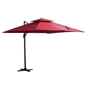 Outsunny Sombrilla de Jardín 294x294 cm Parasol de Aluminio con Manivela Poste Giratorio 360° Doble Techo Inclinable en 6 Posiciones y Base Cruzada Incluida Rojo