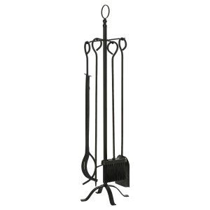 Outsunny Set Attrezzi per Camino 5 Pezzi, Base con Attizzatoio, Pinza, Paletta e Scopa in Metallo - Nero