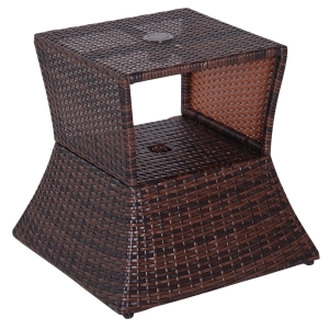 Outsunny Tavolino da Esterno in Rattan con Foro per Ombrellone, Marrone, 54x54x55cm