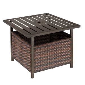 Outsunny Tavolino da Giardino con Foro per Ombrellone e Cesta Inferiore in Rattan PE e Acciaio, 55.5x55.5x46cm Marrone