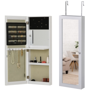 HOMCOM Armadio Portagioie da Muro o da Porta con 2 Specchi, per Bracciali, Orecchini e Anelli, Bianco