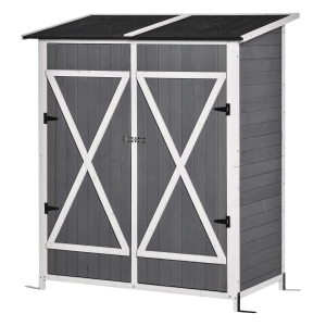 Outsunny Casetta da Giardino Porta Utensili in legno, Doppia Porta con Blocco e Tavolo Rimovibile, 139x75x160cm, Grigio