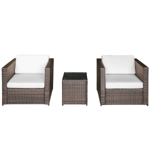 Outsunny Set Arredo per Esterni in PE Rattan Divanetti e Tavolino con Piano in Vetro Marrone
