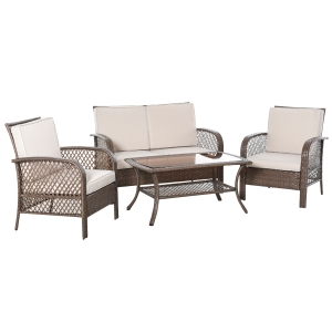 Outsunny Conjunto de 4 Muebles de Jardín de Ratán PE Sillón Sofá Doble y Mesa de Café con Cojines Lavable para Exterior Terraza Patio Marrón y Caqui