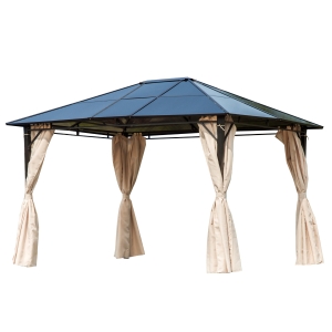 Pavillon de jardin tonnelle rigide rideaux latéraux beige acier noir polycarbonate