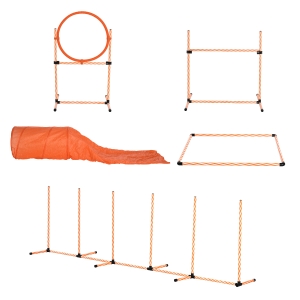 PawHut Attrezzi Agility Dog Set Percorso Completo 5 Pezzi Slalom, Ostacolo e Tunnel, Arancione
