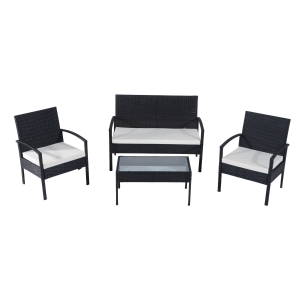 Outsunny Salotto da Giardino in PE Rattan con Tavolino, 2 Poltrone e Divano con Cuscini, Nero