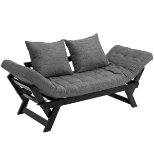Homcom Divano Letto Chaise Longue in Rovere Nero e Tessuto di Lino Grigio Antracite L164*D66*H81cm