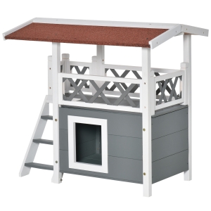 PawHut Casetta per gatti da Esterno in Legno con Terrazza e Scaletta, 77x50x73cm, grigio
