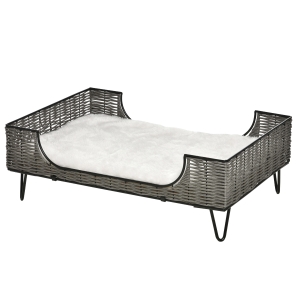 PawHut Canapé chien chat lit panier chien chat style cosy chic avec coussin aspect fourrure blanc - pieds acier en épingles - dim. 84,5L x 55l x 28,5H cm - résine tressée grise