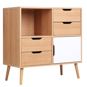 Commode scandinave sur pieds 4 tiroirs niche placard aspect bois clair