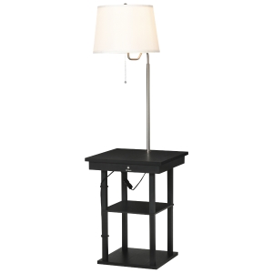 HOMCOM Lampada da Terra con Tavolino e Mensole, 2 Prese USB e Paralume in Tessuto, Nero e Bianco, 44.5x44.5x144.5cm