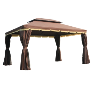 Outsunny Gazebo da Giardino 3.9x2.9m in Alluminio con Tetto Doppio, Zanzariera e Teli Laterali, Colore Caffè