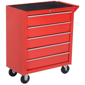 HOMCOM Carrello da Officina Porta Attrezzi con 5 Cassetti con Serratura, Ruote e Maniglia, in Acciaio 69x33x75cm, Rosso