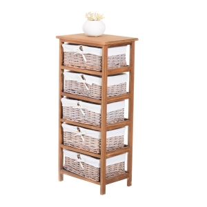 HomCom Mobiletto con 5 Cesti per Casa in Vimini e Legno di Platano, legno e bianco, 40x29x90cm