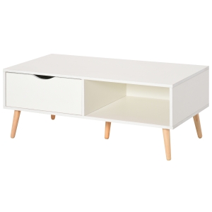 HOMCOM Tavolino Basso da Caffè Stile Nordico Bianco e Gambe in Legno 100x48x44cm