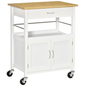HOMCOM Carrello Cucina con Cassetto Armadietto e Scaffale, Carrellino Portavivande con Piano in Bambù e 4 Ruote - Bianco