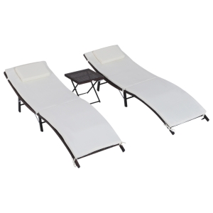 Outsunny Set 2 Sdraio Lettino e Tavolino in PE Rattan con Cuscini Rimovibili, Marrone Crema