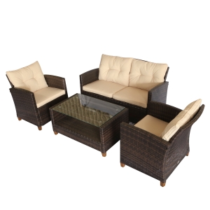 Outsunny Set Mobili da Giardino 4 Pezzi in Rattan PE Tavolino, Divano e Poltrone Marrone con Cuscini Beige