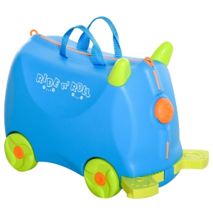 HOMCOM Valigia Cavalcabile Bimbi, Trolley per Bambini 3-6 Anni, Bagaglio a Mano per Aereo, Azzurro, 46x22x33.5cm