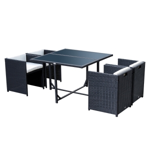 Outsunny Set Mobili da Giardino in PE Rattan Tavolo da Pranzo con 4 Sedie con Cuscini, Nero