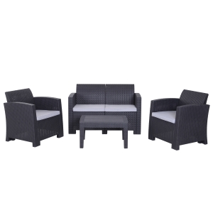 Outsunny Salon de jardin 4 pers. 4 pièces style contemporain coussins grand confort inclus polyester gris clair résine tressée noir