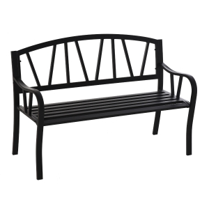 Outsunny Panchina da Giardino in Metallo Nero Impermeabile, Panca da Esterno in Ferro 2 Posti, 128x56x86cm