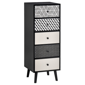 HOMCOM Mobile Cassettiera 5 Cassetti Fantasia Geometrica, Arredamento Moderno Camera e Ingresso, 39.5x39.5x110cm Nero Grigio