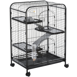 PawHut Gabbia per Roditori con Ruote, Ciotola e Bottiglia, 64x43.5x93cm, Nero