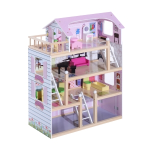 HomCom Casa delle Bambole a 4 Piani in Legno con Accessori, Rosa, 60x30x80cm