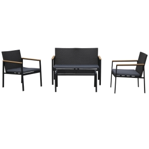 Outsunny Set 4 Pezzi Salottino da Giardino in PE Rattan con Braccioli in Legno Nero